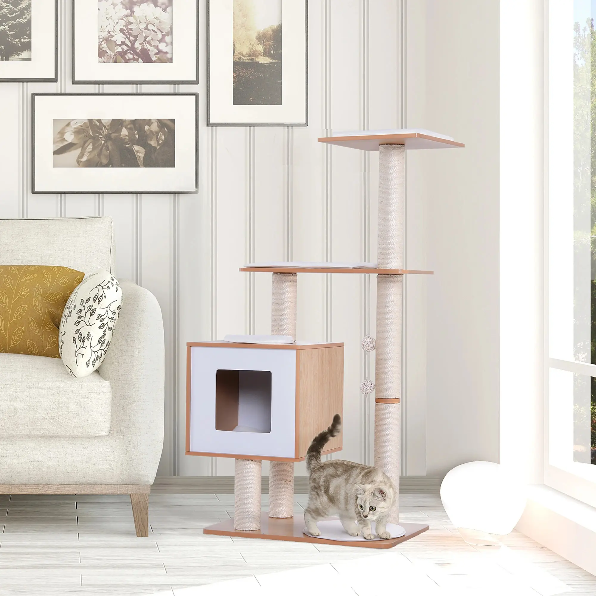 Ansamblu de joaca pentru pisici PawHut D30-204 (Natural/White) - 9