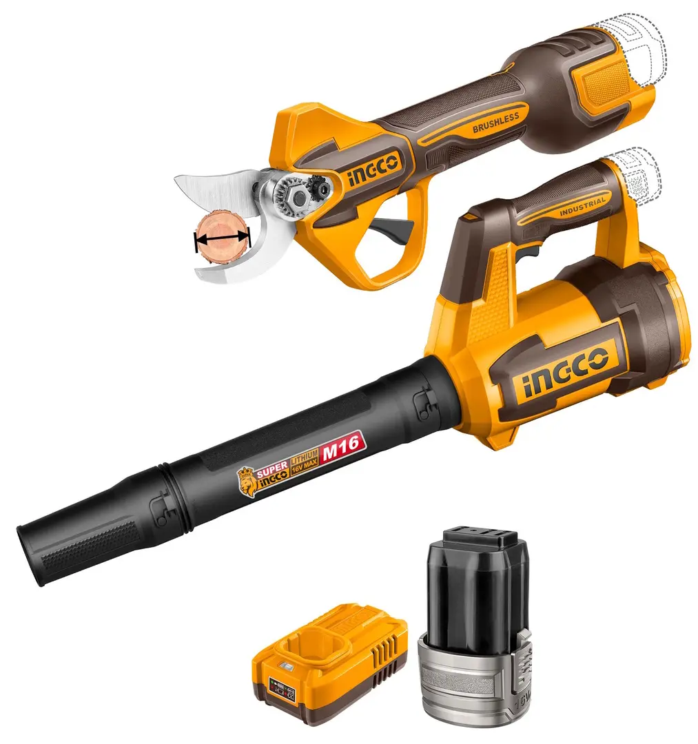 Set suflanta de aer cu acumulator + foarfece de gradina Ingco COSLI250385 16V 2x2Ah