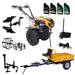 Motocultor Progarden Campo 1844 + remorca RM500C + plug de bilonat + plug reversibil + prasitoare + adapter + 2 roti metalice + 4L ulei