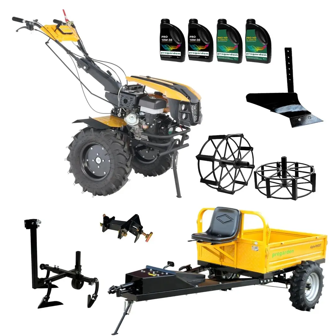 Motocultor Progarden Campo 1873 Alpine V2 + remorca RM500C + 2 pluguri + prasitoare + adaptor + 2 roti metalice + 6L ulei
