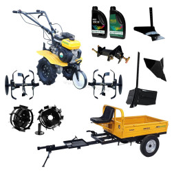Motocultor Progarden Campo 703 + remorca RM500C + plug simplu + 2 pluguri de bilonat + adapter + 2 roti metalice + 2L ulei