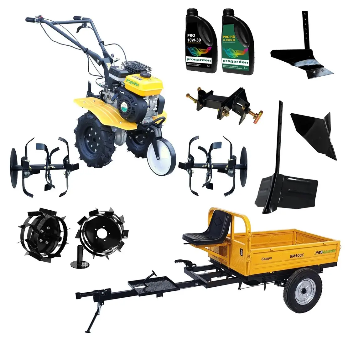 Motocultor Progarden Campo 703 + remorca RM500C + plug simplu + 2 pluguri de bilonat + adapter + 2 roti metalice + 2L ulei