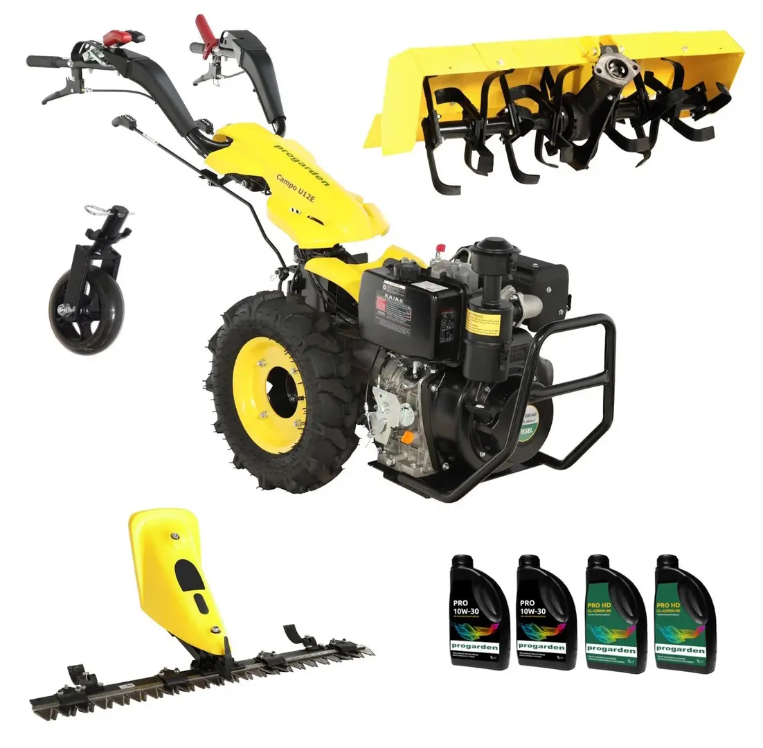 Motocultor Progarden Campo U12E + bara de cosire BC120M + roata sustinere + freza FT90 + 4L ulei