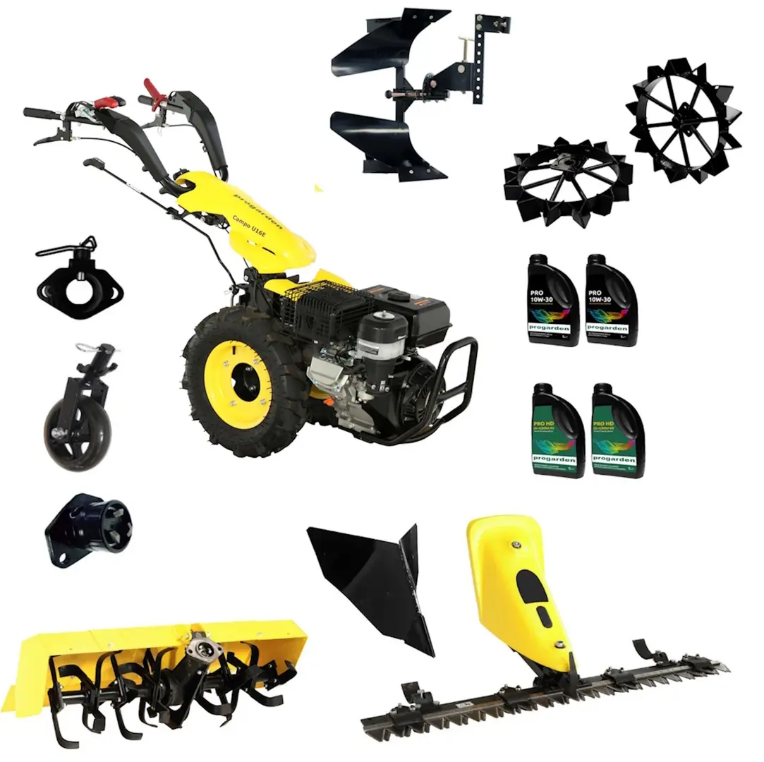 Motocultor Progarden Campo U16E + bara cosiree BC120M + 3 pluguri + freza FT90 + 2 roti metalice RM47 + 2 cuple + 4L ulei