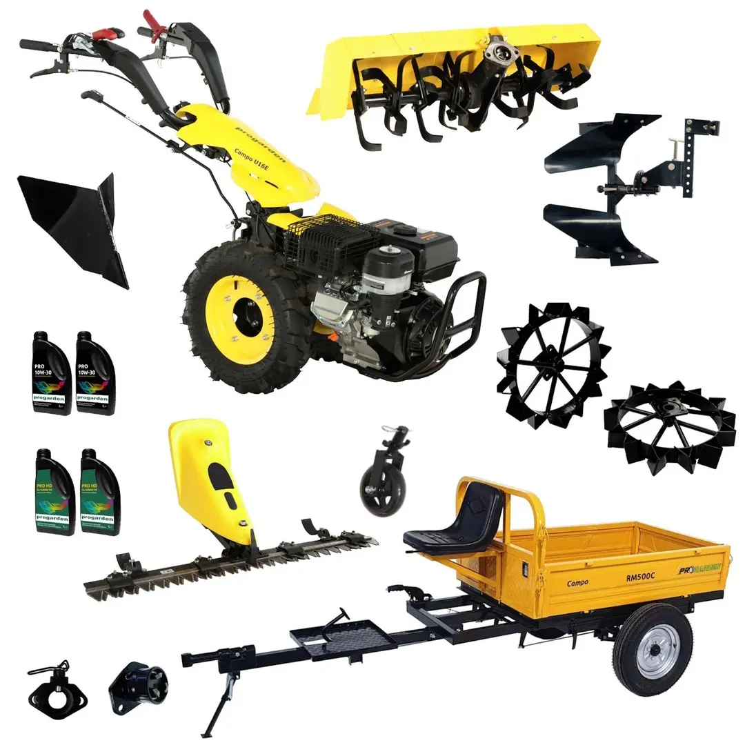 Motocultor Progarden Campo U16E + remorca RM500C + freza BC120M + 3 pluguri + freza FT90 + 2 roti metalice RM47 + 2 cuple + 4L ulei