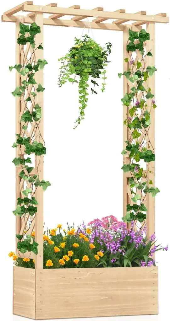 Pat de gradina inaltat cu spalier Costway GT4293NA (Natural) - 2
