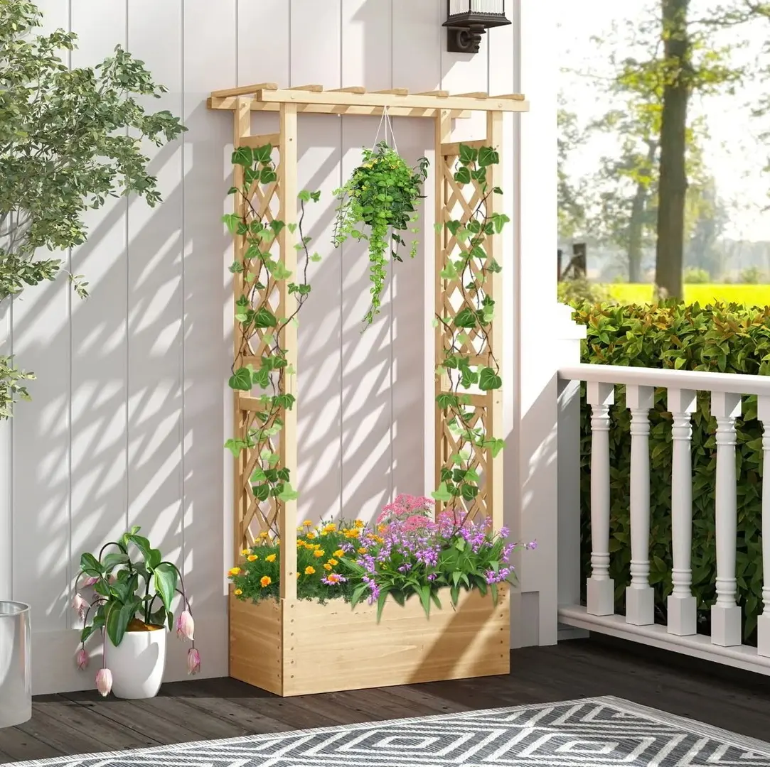 Pat de gradina inaltat cu spalier Costway GT4293NA (Natural)