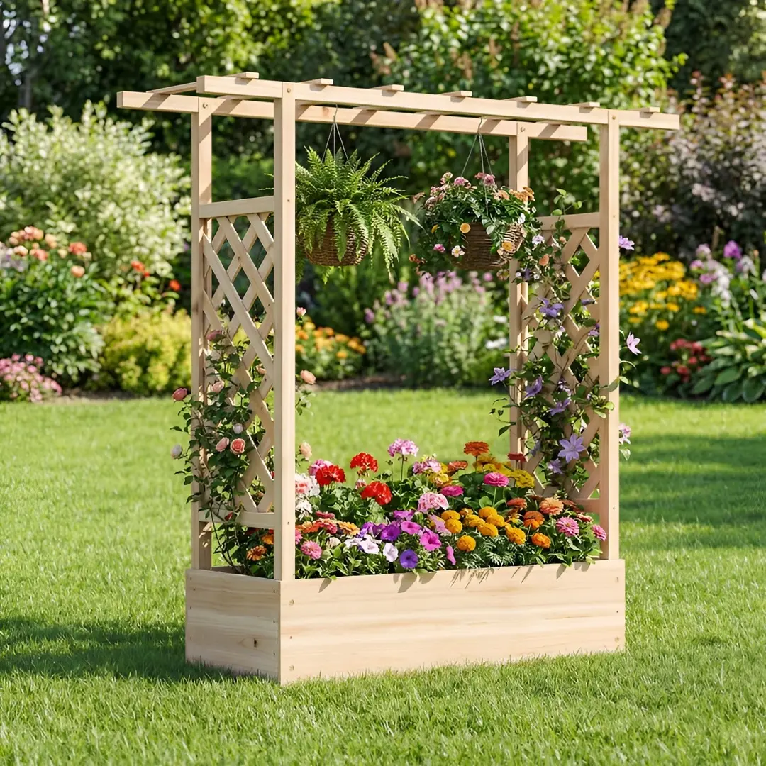 Pat de gradina inaltat cu spalier Costway GT4591NA (Natural)