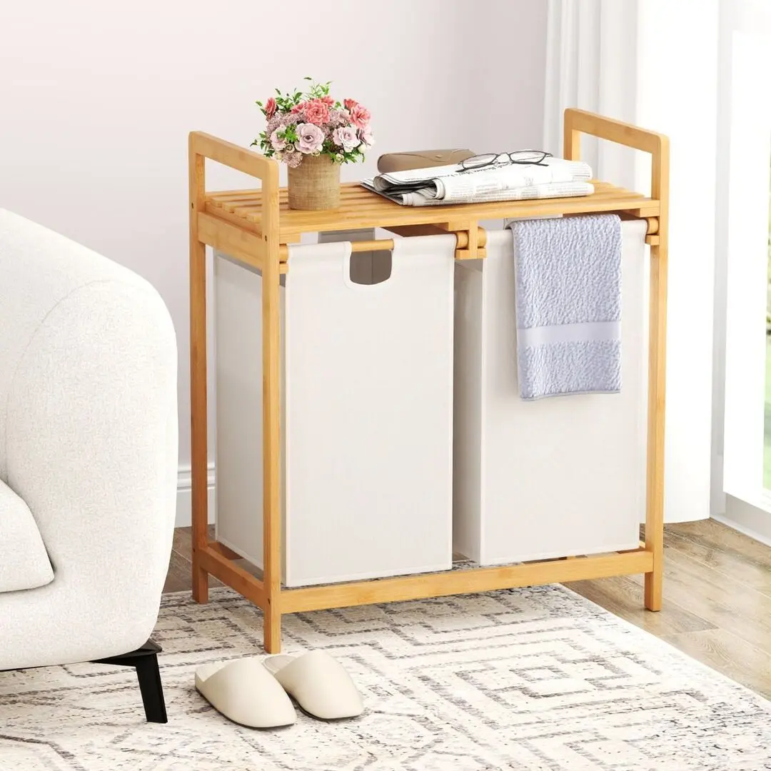 Корзина для белья Costway JV10141WH (White/Bamboo)