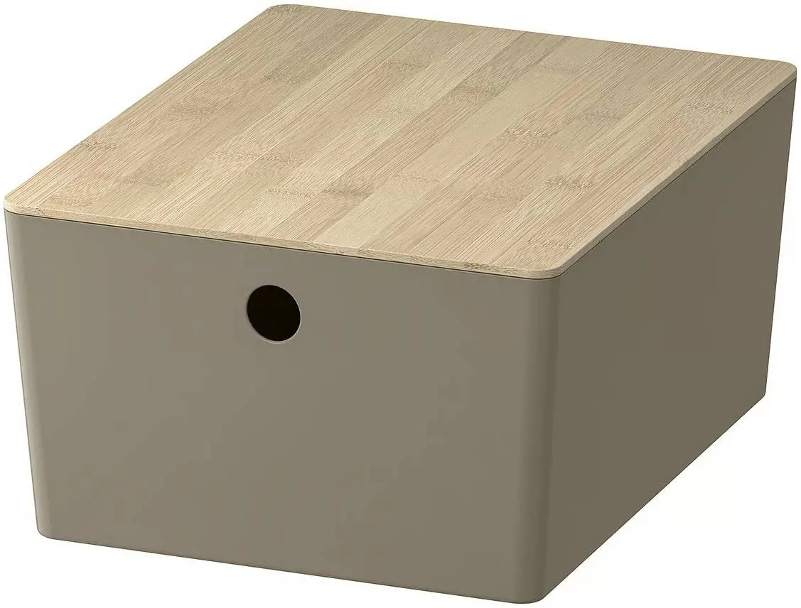 Container cu capac Ikea Kuggis 26x35x15cm (Gri închis-Bej/Bambus)