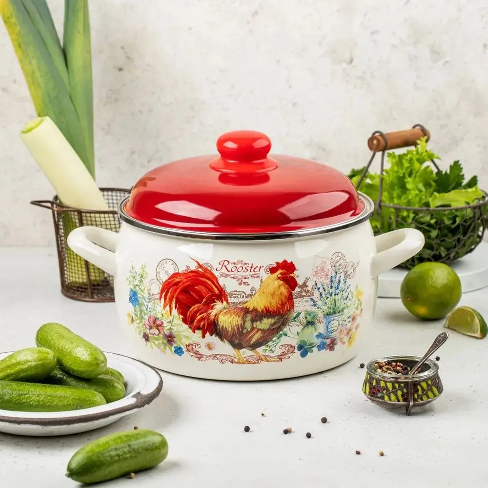 Кастрюля с крышкой Metrot Rooster 5.3L (White/Red)