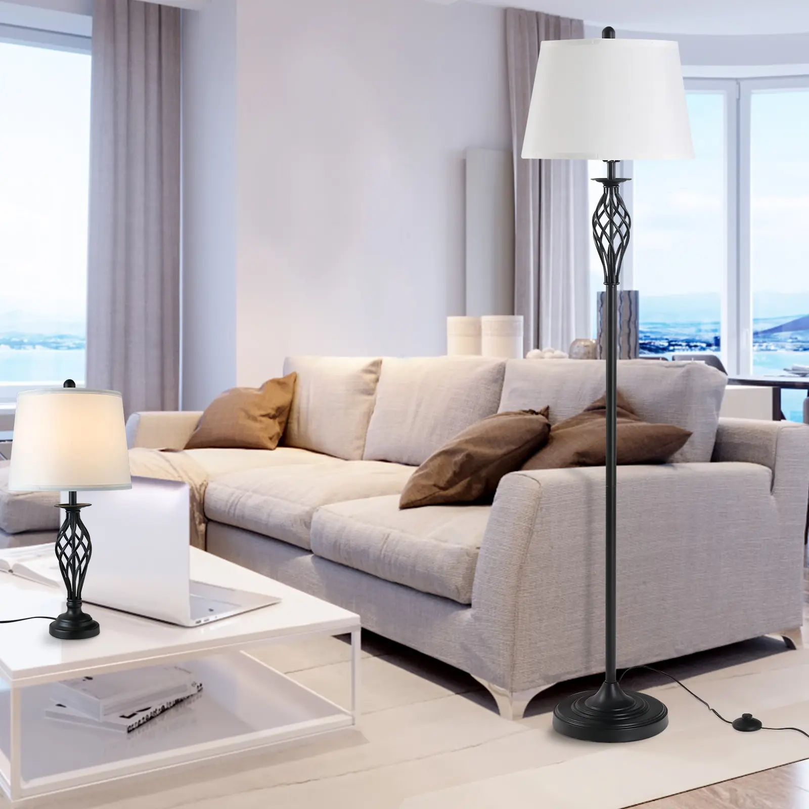 Lampadar + 2 lampi de masa Homcom B31-179 (Black/White) - 4