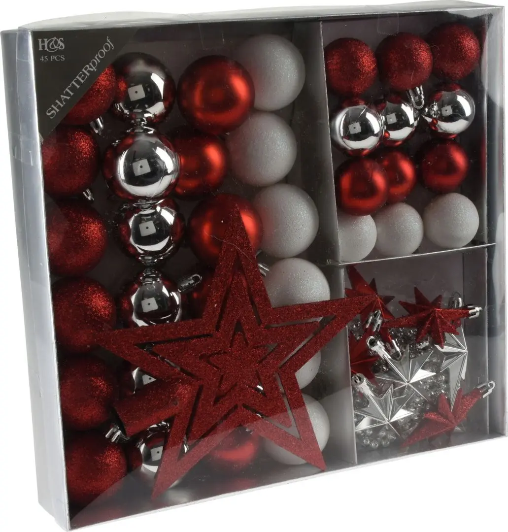 Set globuri brad Christmas Carol 45 (White/Red)