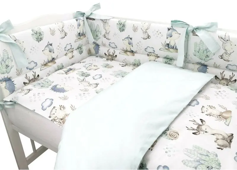 Lenjerie de pat pentru copii MimiNu Deer And Hedgehog (White/Mint) - 2