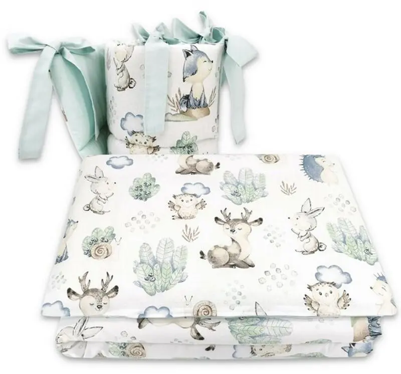 Lenjerie de pat pentru copii MimiNu Deer And Hedgehog (White/Mint)