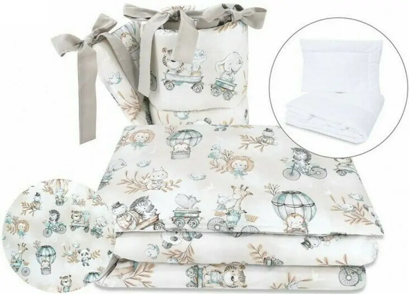 Lenjerie de pat pentru copii MimiNu Zoo on Bikes Nugat din 8 piese (Beige) - 2