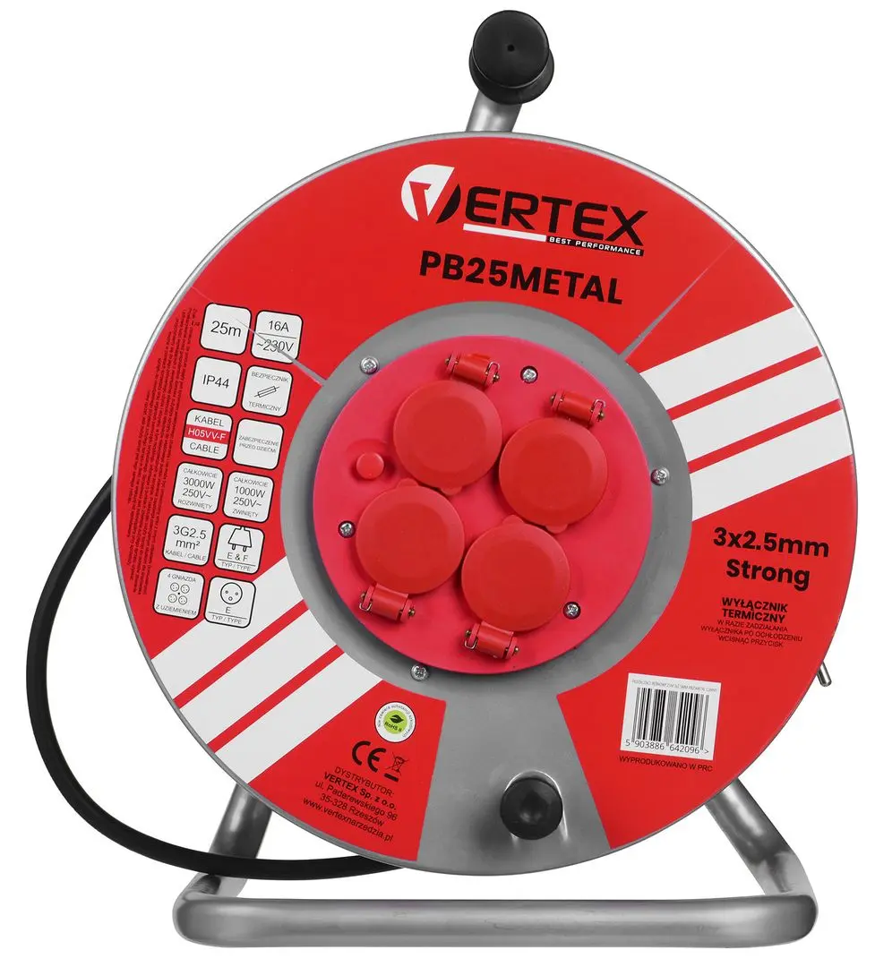 Удлинитель на катушке Vertex PB25METAL 25м (Red/Black)
