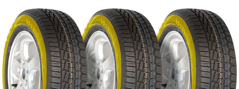 2 anvelope de iarna viatti. peretele lateral al anvelopei evidentiat in galben.